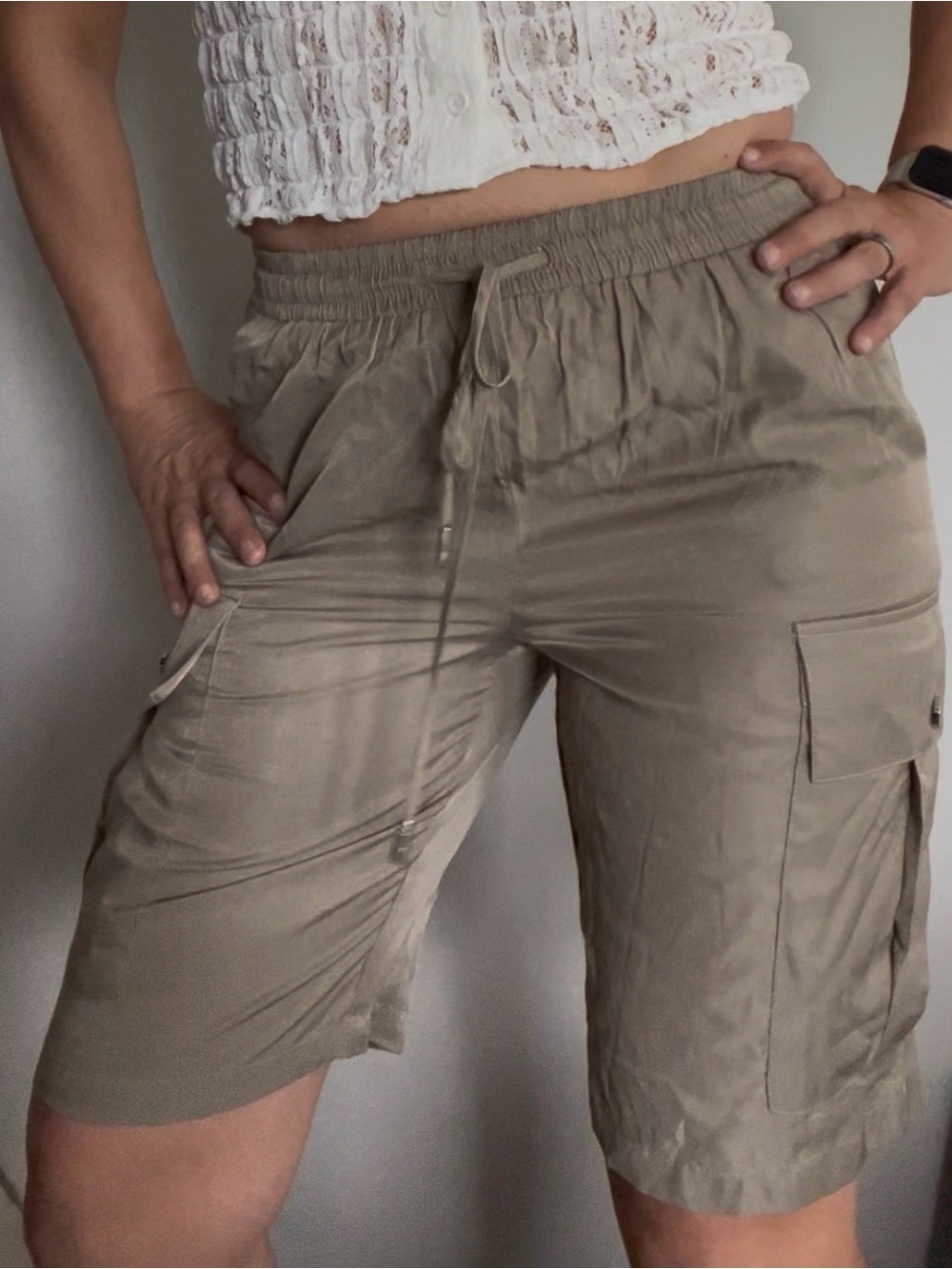 Relaxed Cargo Bermuda Shorts in Taupe with Drawstring Waist